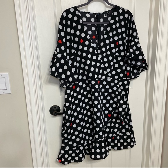 AX Paris Curve Dresses & Skirts - Black faux wrap ruffle trim dress, white polka dots, red hearts
